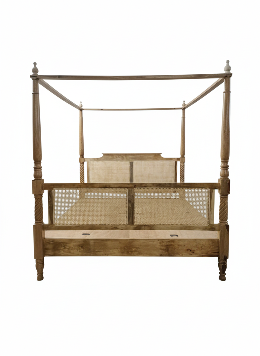 Solid Wood Rattan Poster Bed – Customizable Handmade Canopy Bed By induscraft