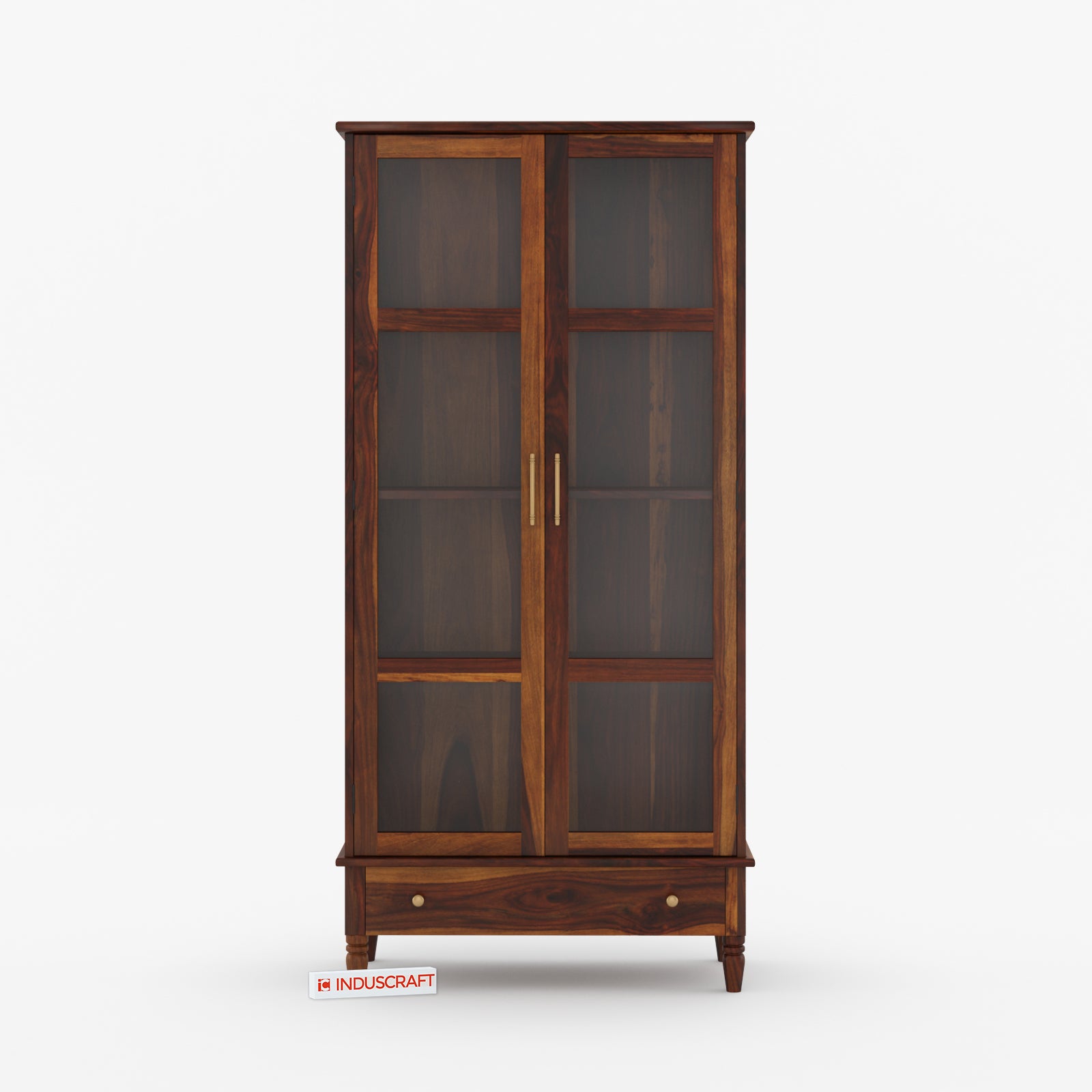 Wooden display cabinet with glass doors on a white background