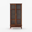 Wooden display cabinet with glass doors on a white background