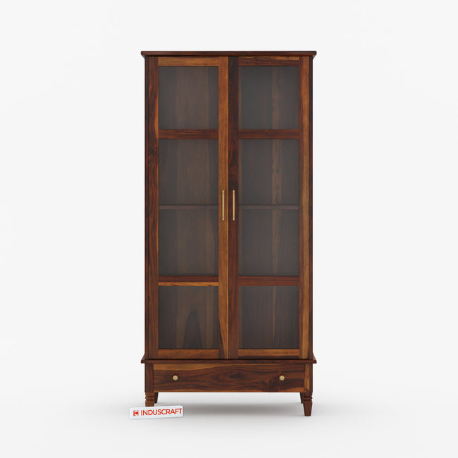 Wooden display cabinet with glass doors on a white background