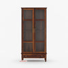 Wooden display cabinet with glass doors on a white background