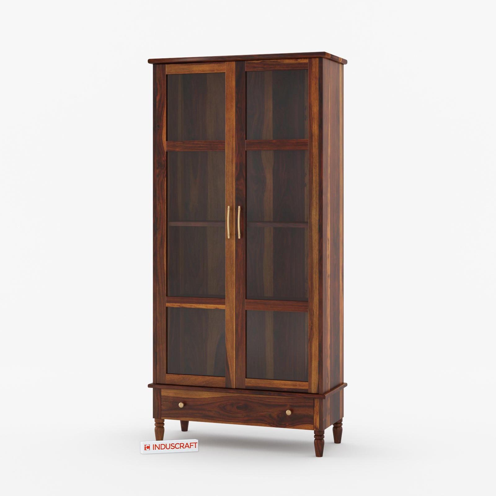 Wooden display cabinet with glass doors on a white background