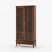 Wooden display cabinet with glass doors on a white background