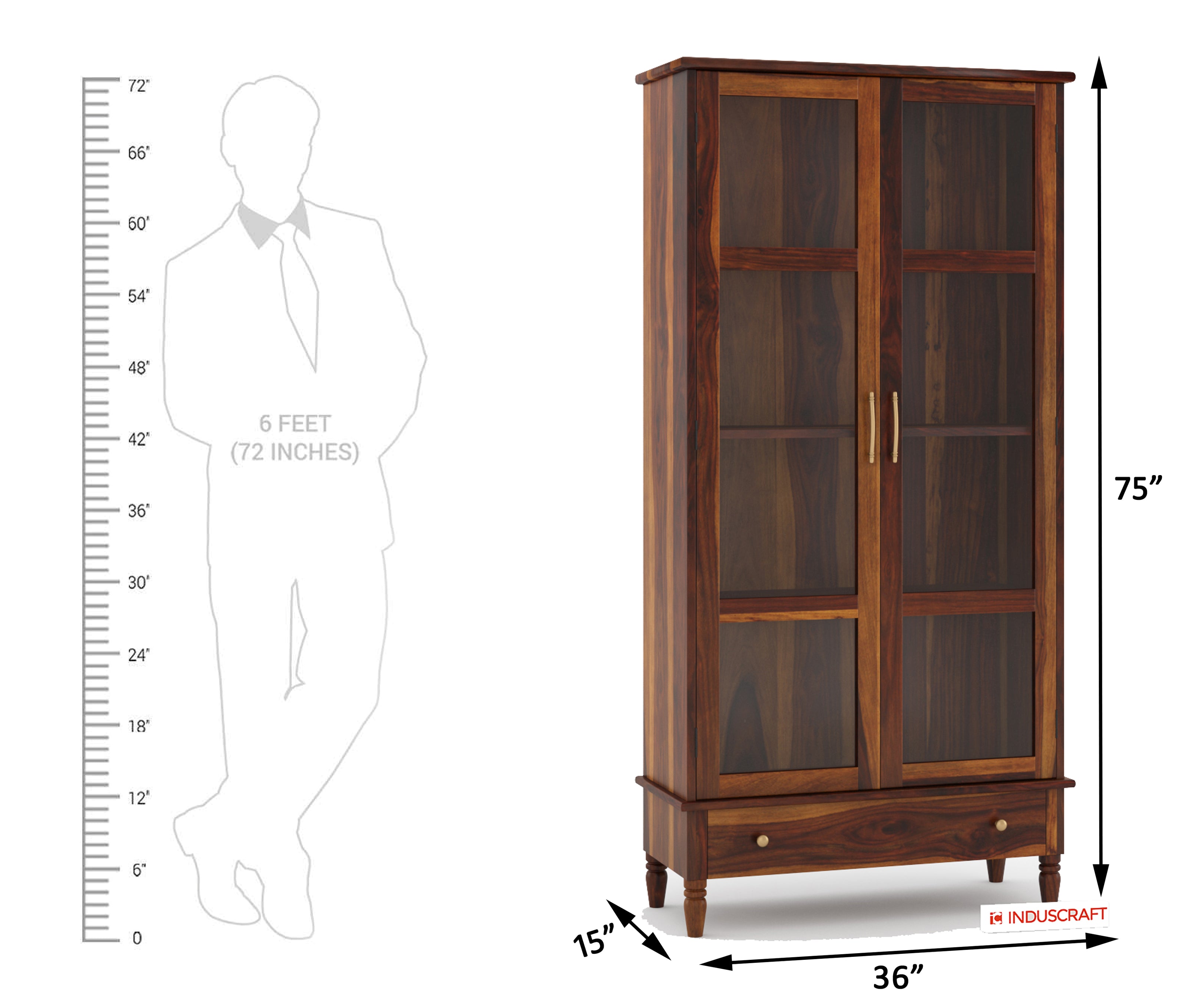 Wooden display cabinet with dimensions and a human figure for scale on a white background