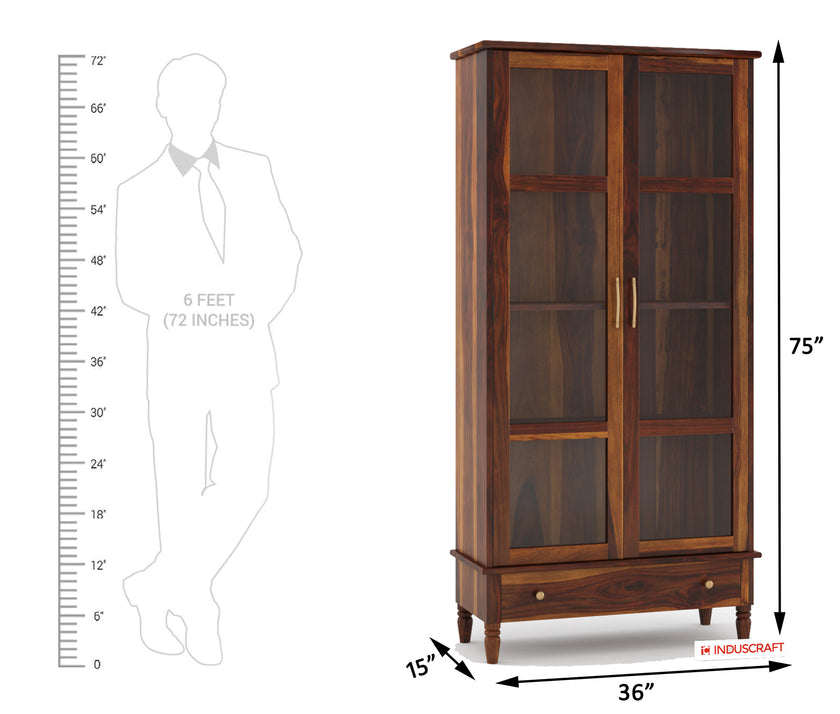 Wooden display cabinet with dimensions and a human figure for scale on a white background