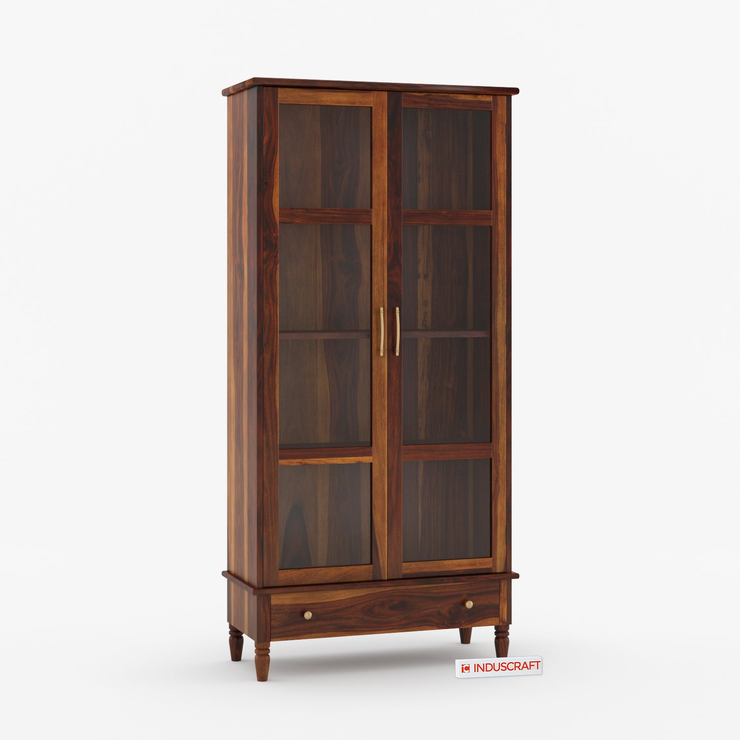 Tura Sheesham Wood Tall Glass Door Crockery Cabinet with Drawer