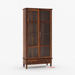 Wooden cabinet with glass doors on a white background, featuring the Induscraft brand.