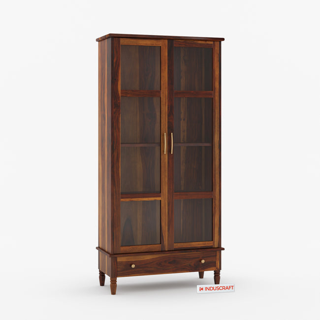 Wooden cabinet with glass doors on a white background, featuring the Induscraft brand.