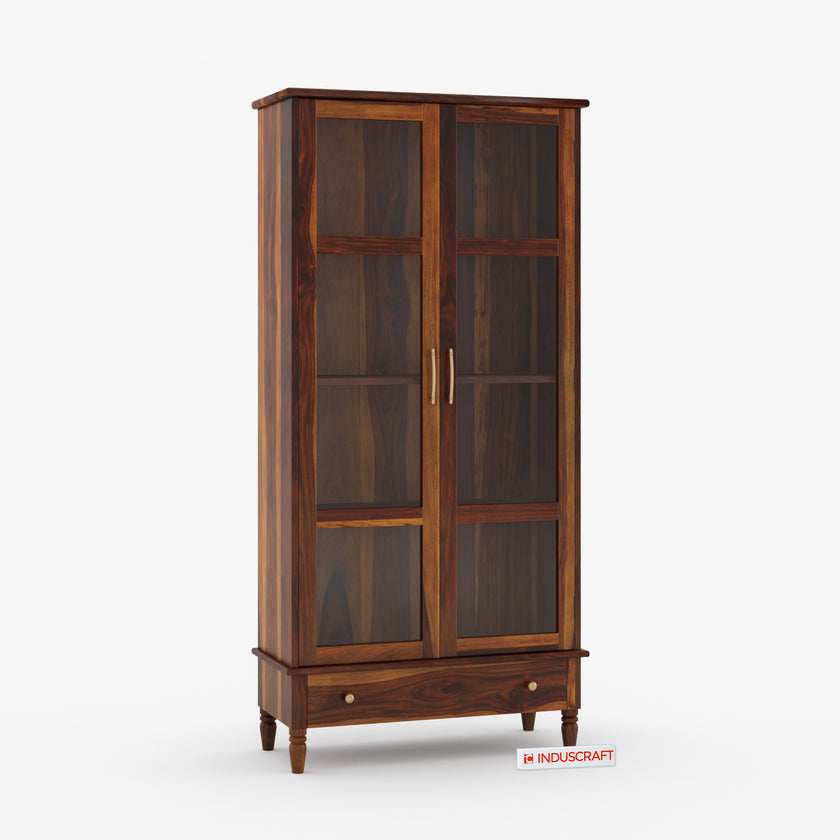 Wooden cabinet with glass doors on a white background, featuring the Induscraft brand.