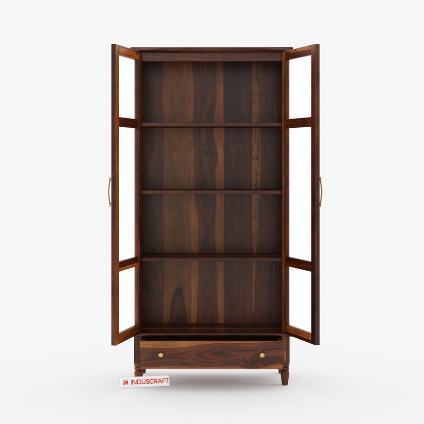 Sheesham Wood Tall Glass Door Crockery Cabinet with Drawer, Open View.