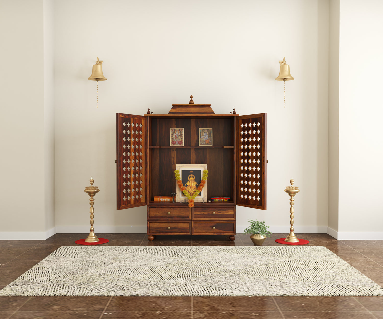 Induscraft Aaradhya Pooja Mandir in Solid Sheesham Wood with Drawers