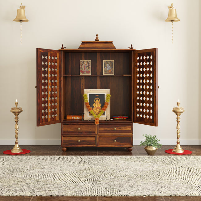 Induscraft Aaradhya Pooja Mandir in Solid Sheesham Wood with Drawers - Induscraft
