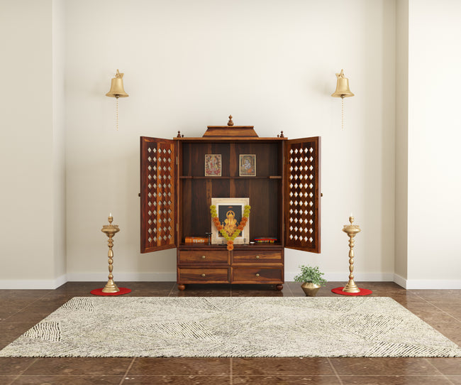 Induscraft Aaradhya Pooja Mandir in Solid Sheesham Wood with Drawers - Induscraft