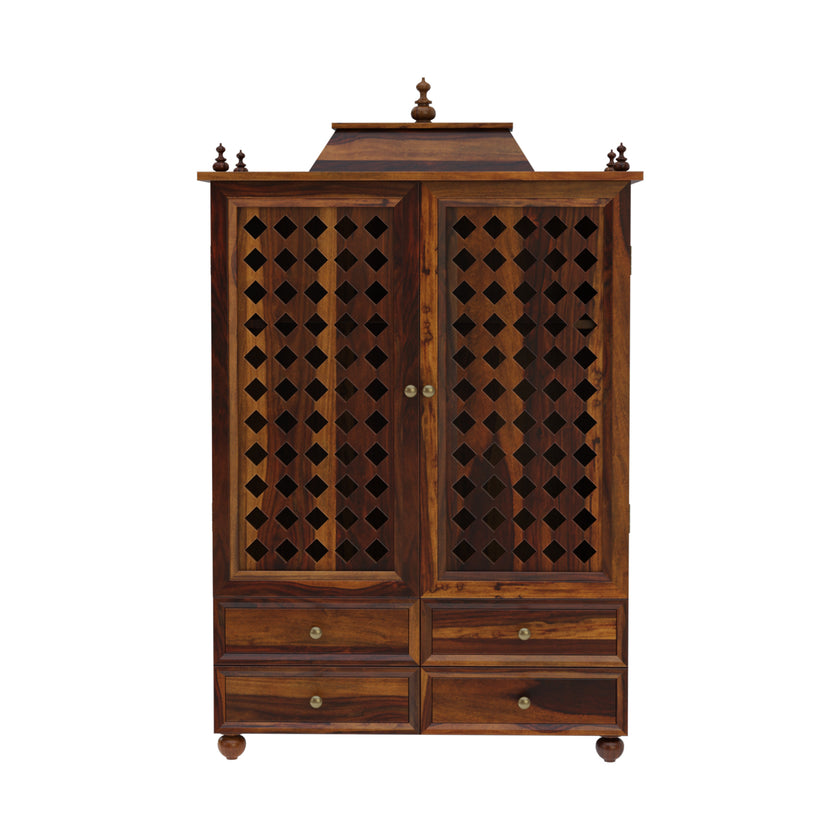 Induscraft Aaradhya Pooja Mandir in Solid Sheesham Wood with Drawers - Induscraft