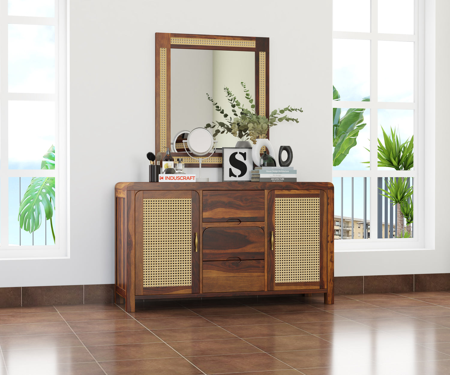 Zavya Rattan Sideboard in Solid Sheesham Wood by Induscraft