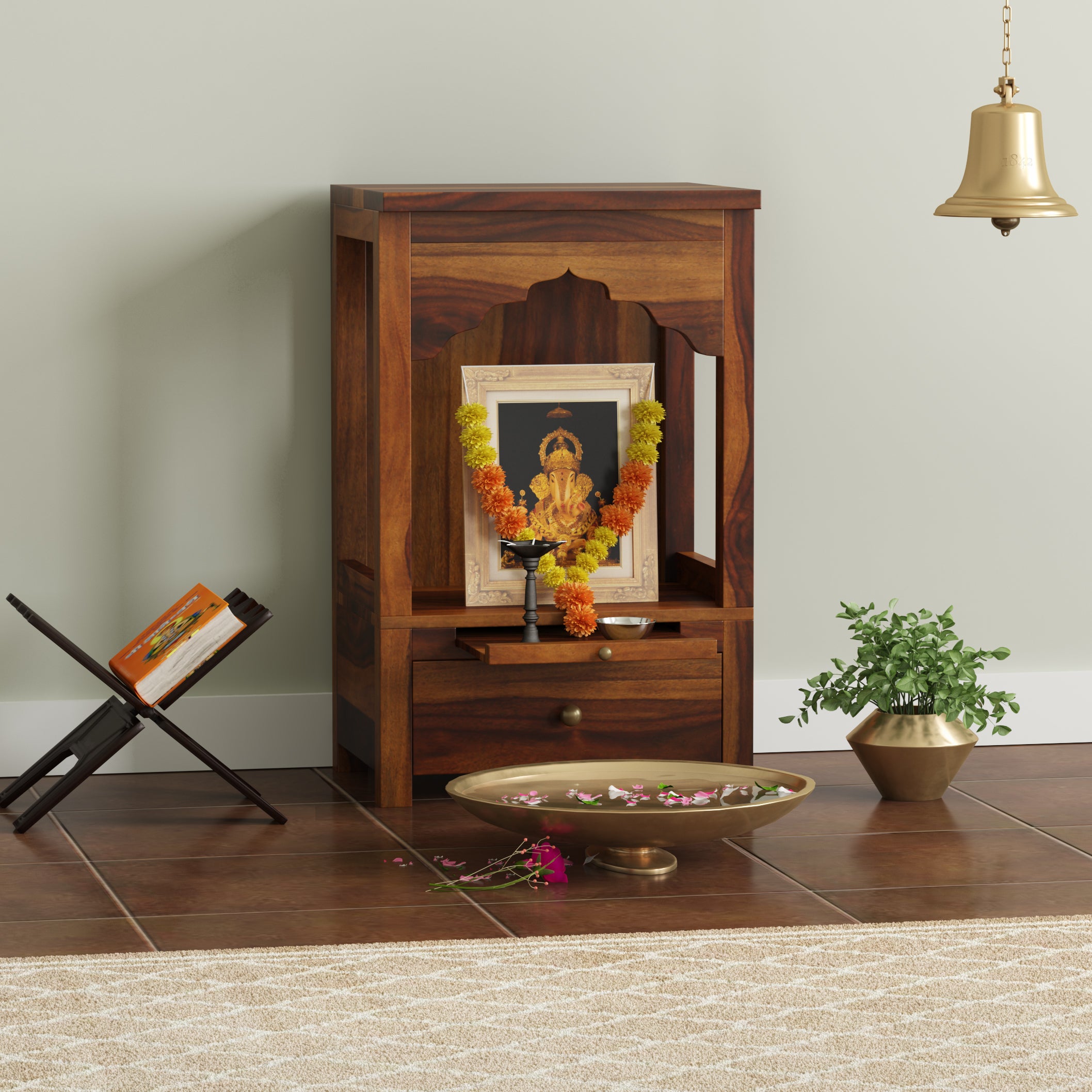Devdeep Compact Pooja Mandir in Solid Sheesham Wood with Drawer & Open Arch Design by Induscraft - Induscraft
