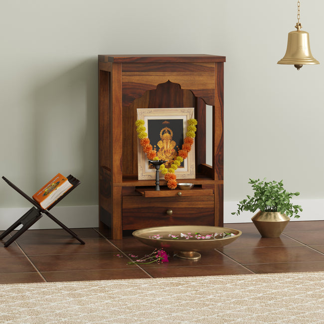Devdeep Compact Pooja Mandir in Solid Sheesham Wood with Drawer & Open Arch Design by Induscraft - Induscraft