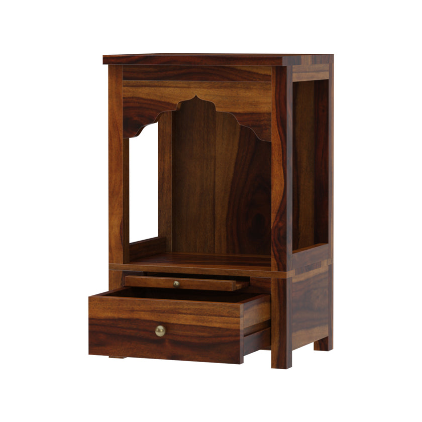 Devdeep Compact Pooja Mandir in Solid Sheesham Wood with Drawer & Open Arch Design by Induscraft - Induscraft
