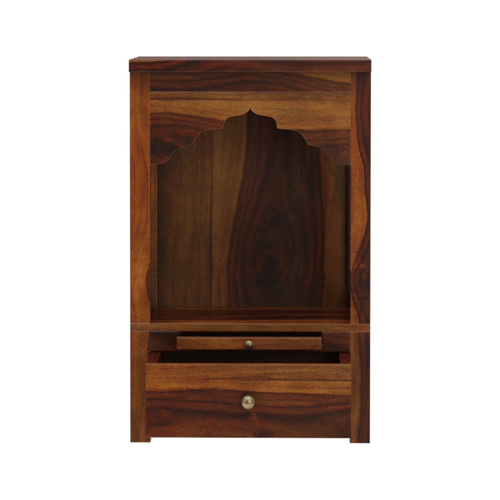 Devdeep Compact Pooja Mandir in Solid Sheesham Wood with Drawer & Open Arch Design by Induscraft - Induscraft