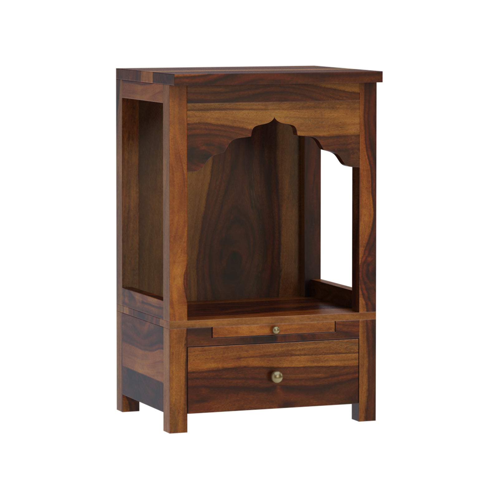 Devdeep Compact Pooja Mandir in Solid Sheesham Wood with Drawer & Open Arch Design by Induscraft - Induscraft