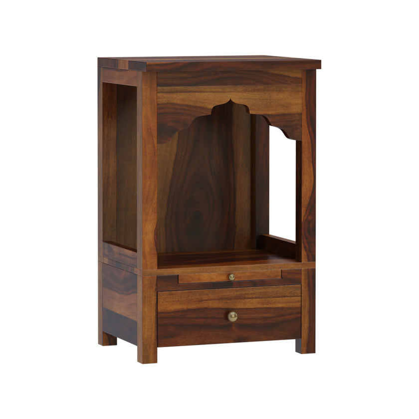 Devdeep Compact Pooja Mandir in Solid Sheesham Wood with Drawer & Open Arch Design by Induscraft - Induscraft
