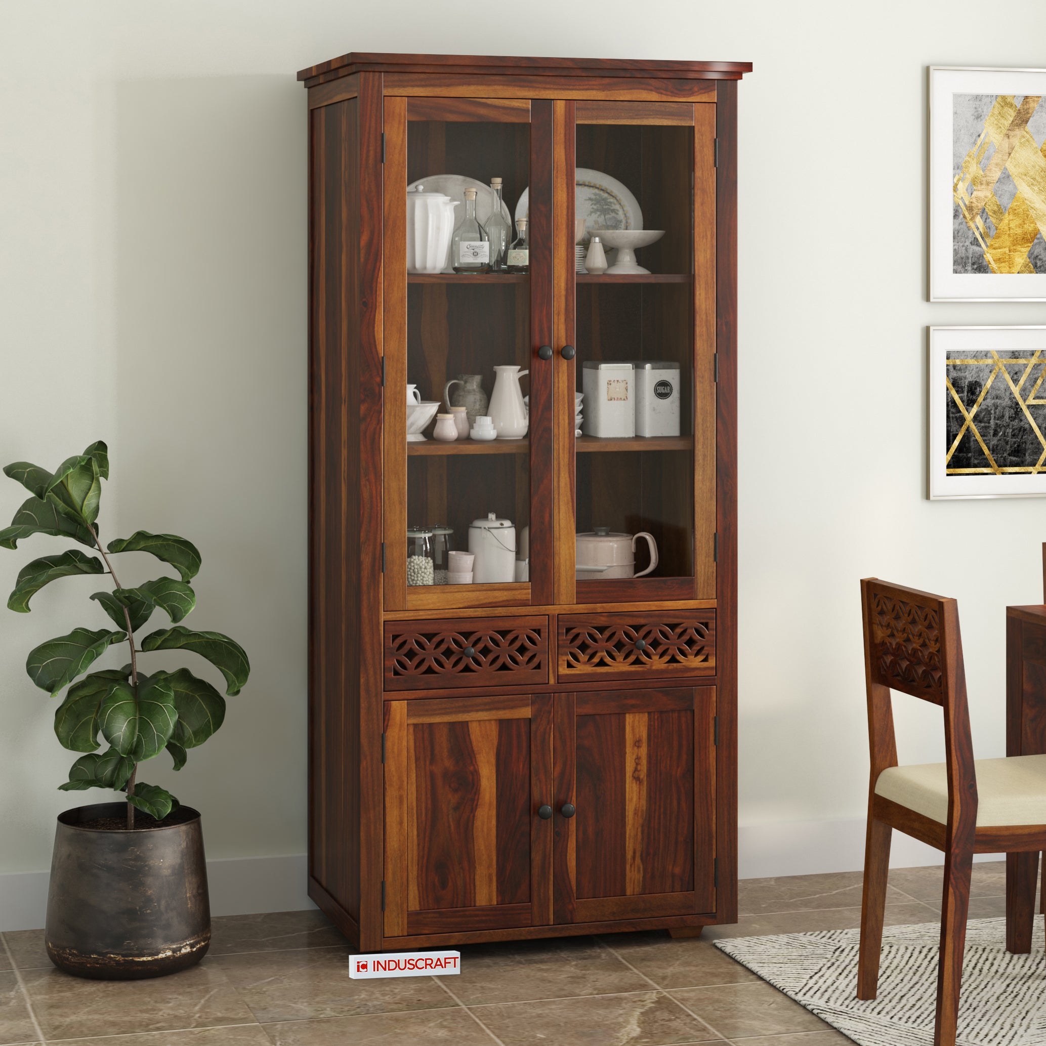 Sheesham Wood Tall Modern 4 Door Display Cabinet