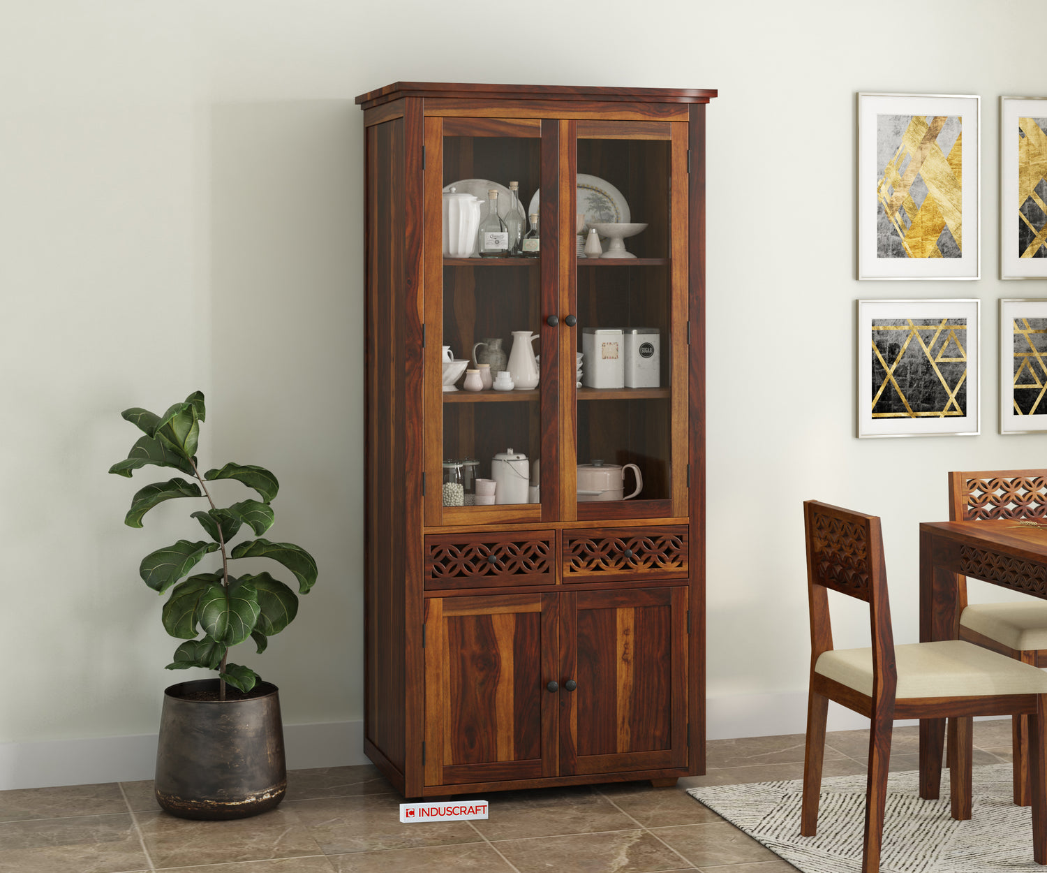 Disa Display Cabinet in Solid Sheesham Wood with Glass Doors by Induscraft
