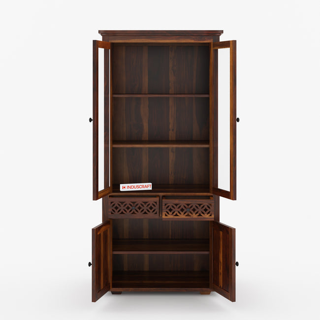 Wooden bookshelf with open doors on a white background