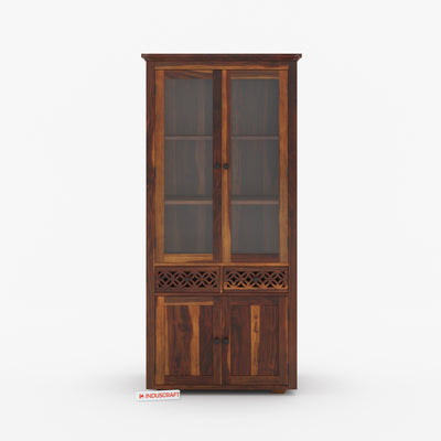 Wooden display cabinet with glass doors on a white background