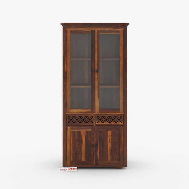 Wooden display cabinet with glass doors on a white background