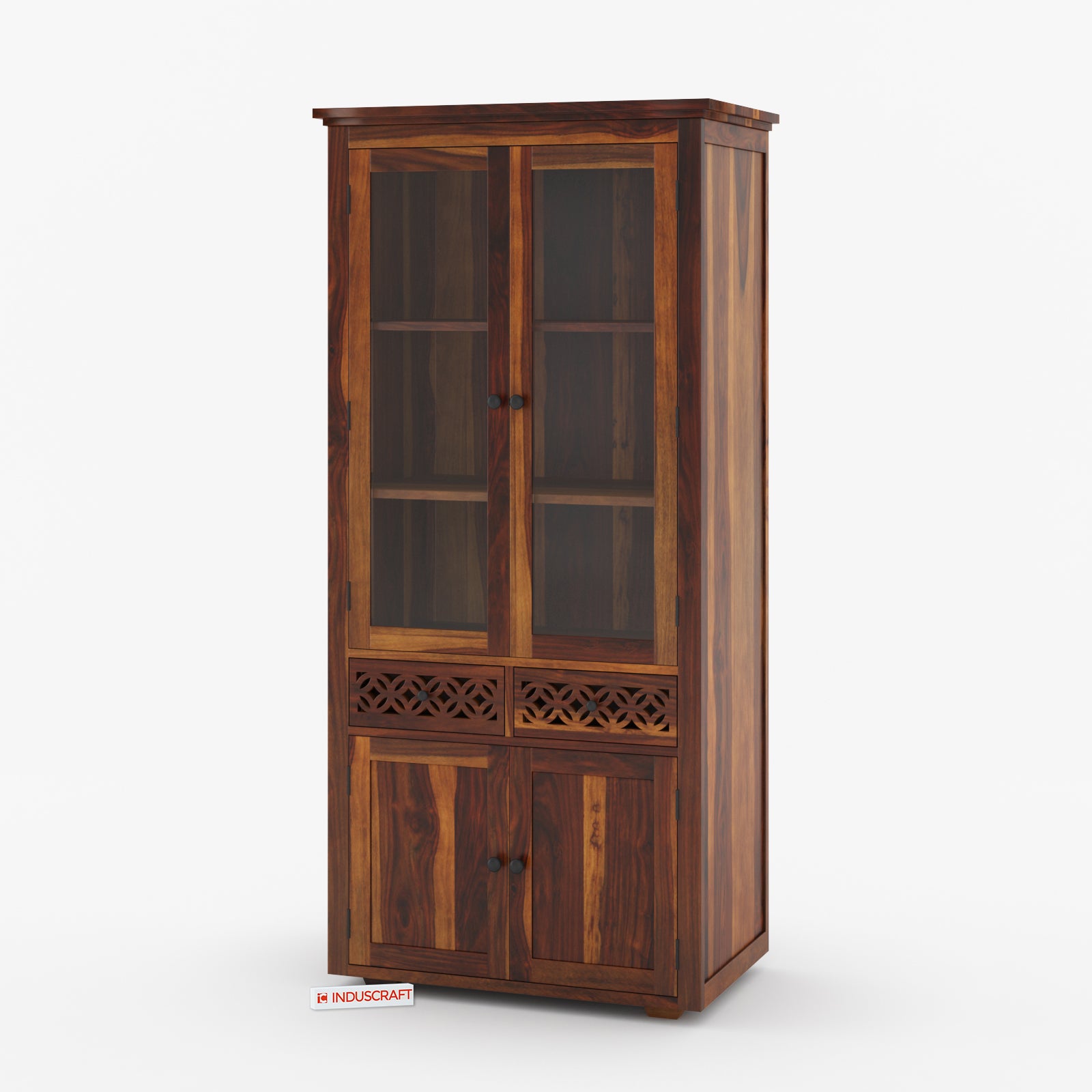 Wooden cabinet with glass doors and decorative elements on a white background
