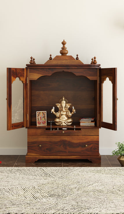 Divine Pooja Mandir in Solid Sheesham Wood with Glass Doors & Decorative Dome Top by Induscraft - Induscraft