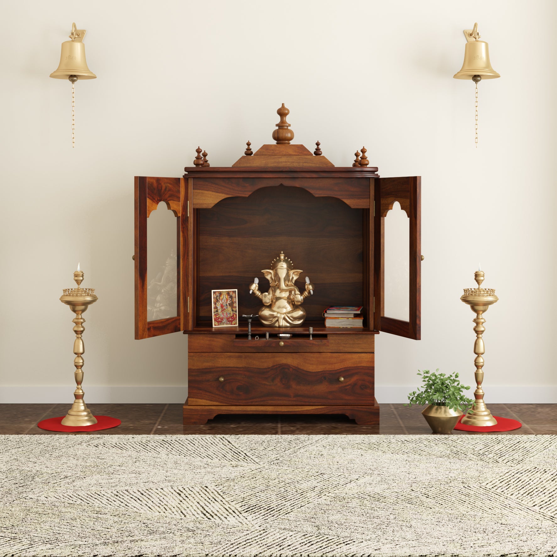 Divine Pooja Mandir in Solid Sheesham Wood with Glass Doors & Decorative Dome Top by Induscraft - Induscraft