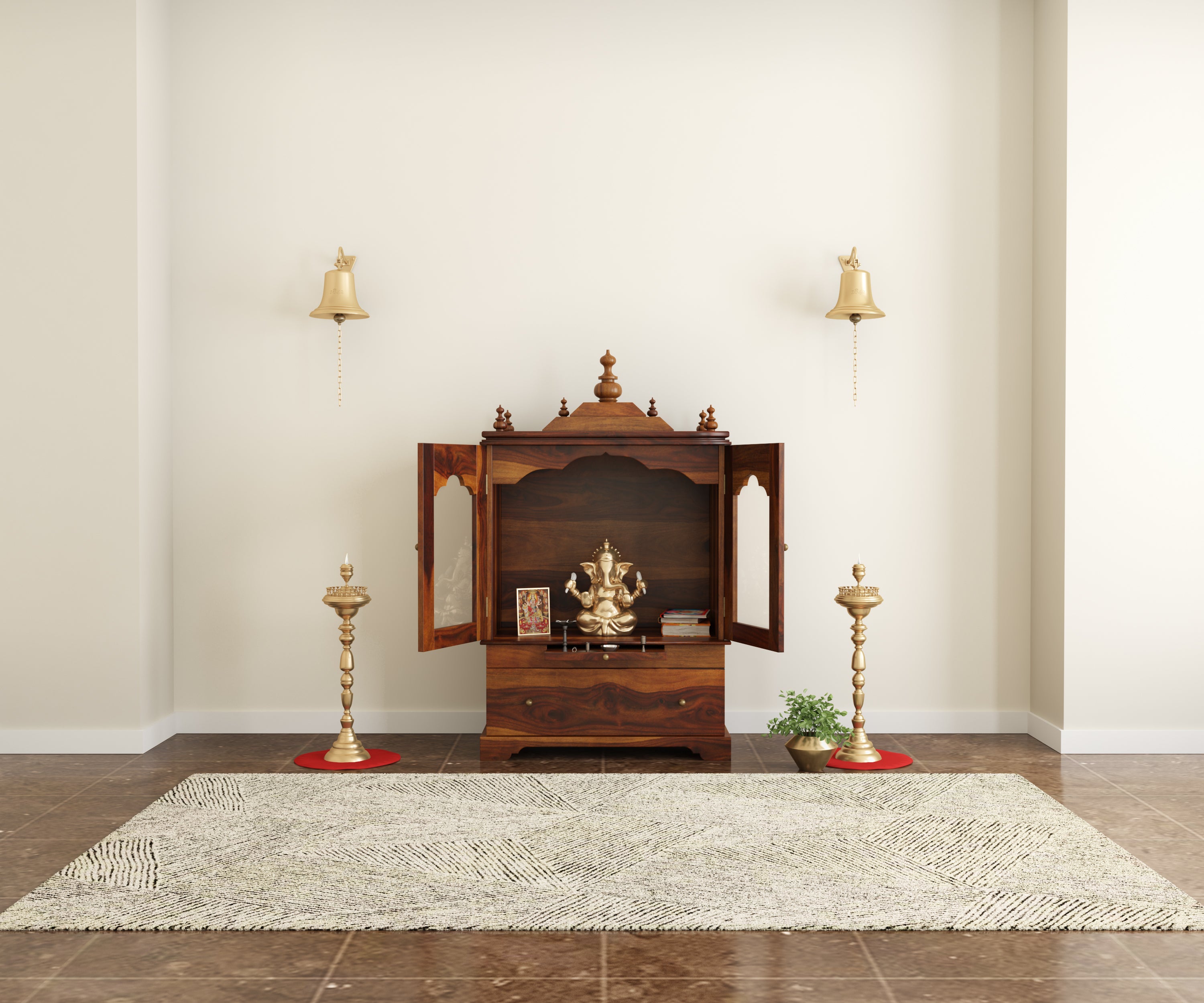 Divine Pooja Mandir in Solid Sheesham Wood with Glass Doors & Decorative Dome Top by Induscraft - Induscraft