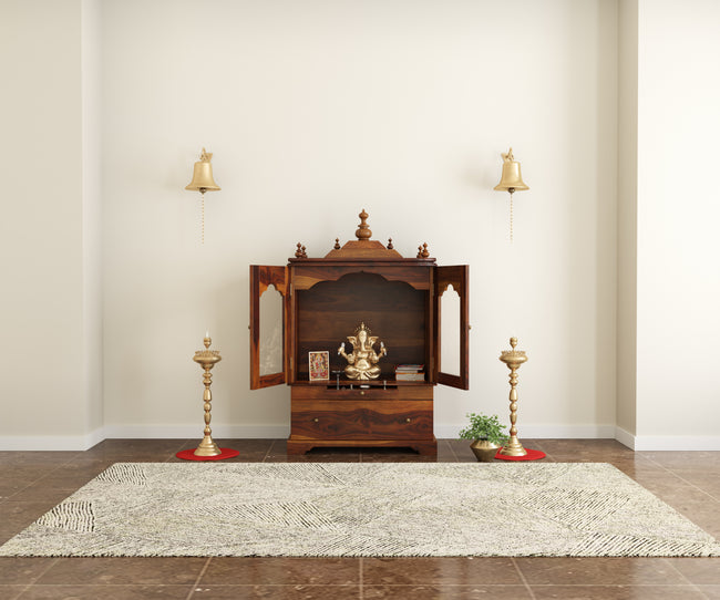 Divine Pooja Mandir in Solid Sheesham Wood with Glass Doors & Decorative Dome Top by Induscraft - Induscraft