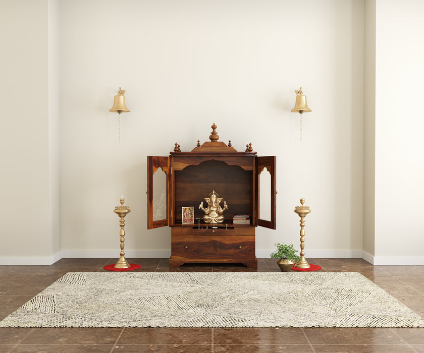 Divine Pooja Mandir in Solid Sheesham Wood with Glass Doors & Decorative Dome Top by Induscraft - Induscraft