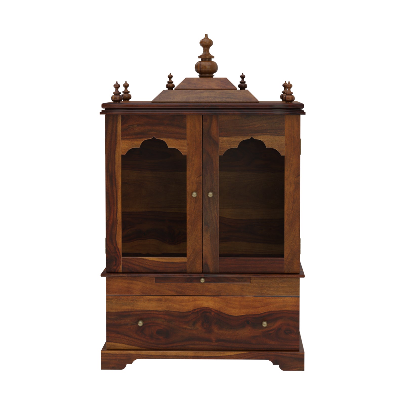 Divine Pooja Mandir in Solid Sheesham Wood with Glass Doors & Decorative Dome Top by Induscraft - Induscraft