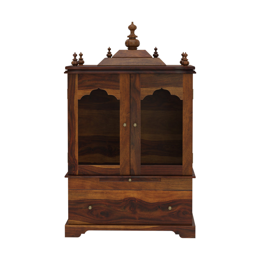 Divine Pooja Mandir in Solid Sheesham Wood with Glass Doors & Decorative Dome Top by Induscraft - Induscraft