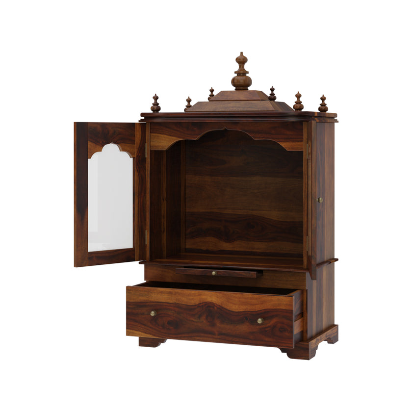 Divine Pooja Mandir in Solid Sheesham Wood with Glass Doors & Decorative Dome Top by Induscraft - Induscraft