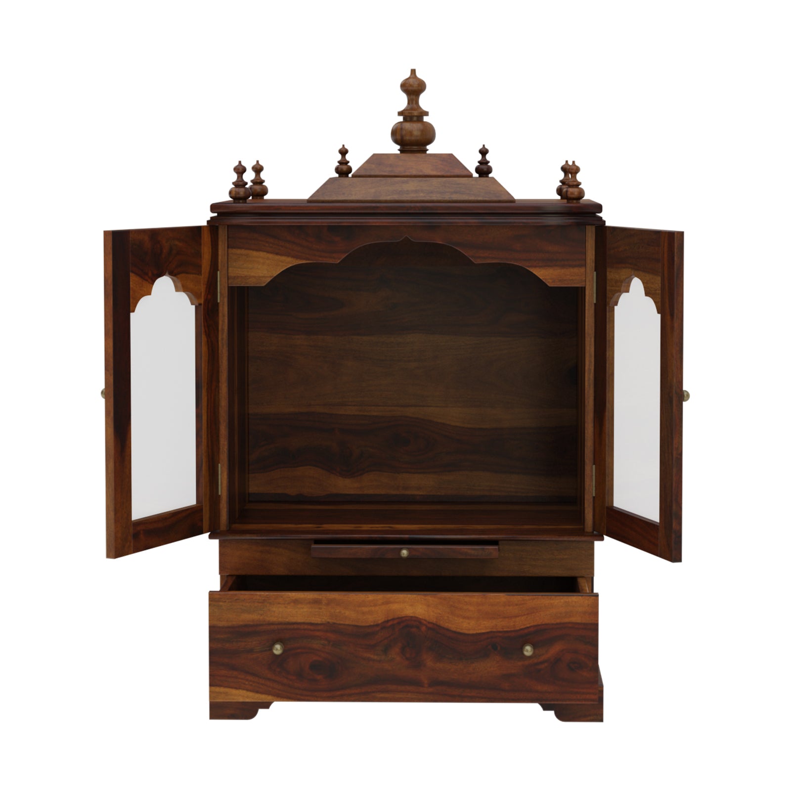 Divine Pooja Mandir in Solid Sheesham Wood with Glass Doors & Decorative Dome Top by Induscraft - Induscraft