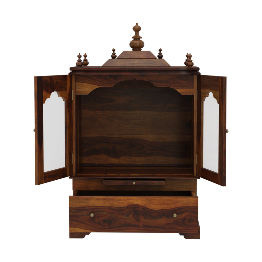Divine Pooja Mandir in Solid Sheesham Wood with Glass Doors & Decorative Dome Top by Induscraft - Induscraft
