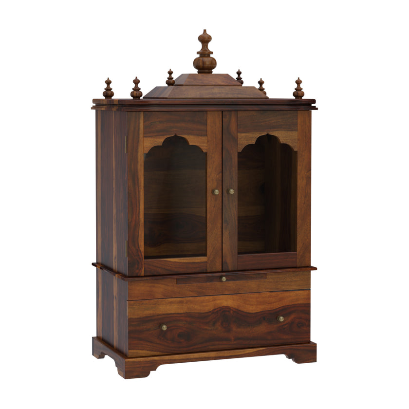 Divine Pooja Mandir in Solid Sheesham Wood with Glass Doors & Decorative Dome Top by Induscraft - Induscraft