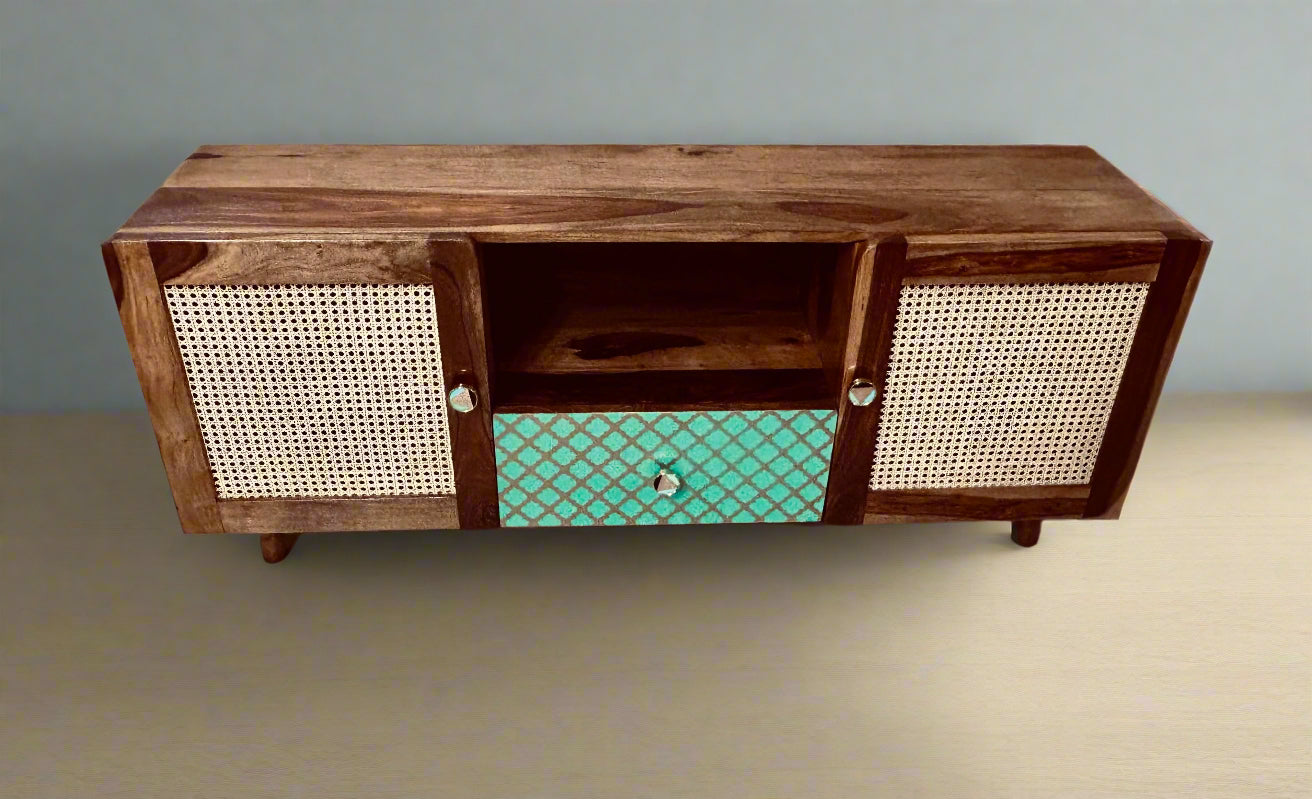 Jukebox TV Cabinet by Induscraft in Solid Sheesham Wood with Colourful Accents and Straw Features