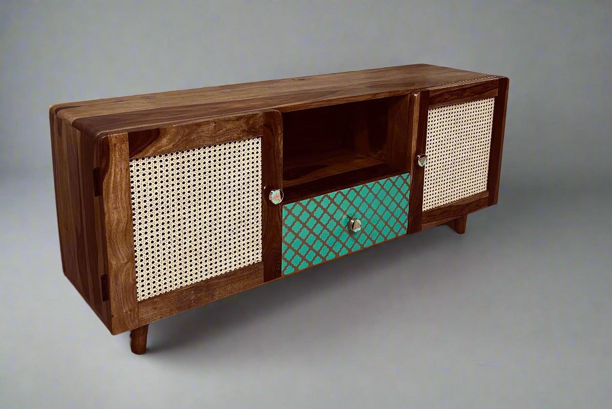 Jukebox TV Cabinet by Induscraft in Solid Sheesham Wood with Colourful Accents and Straw Features