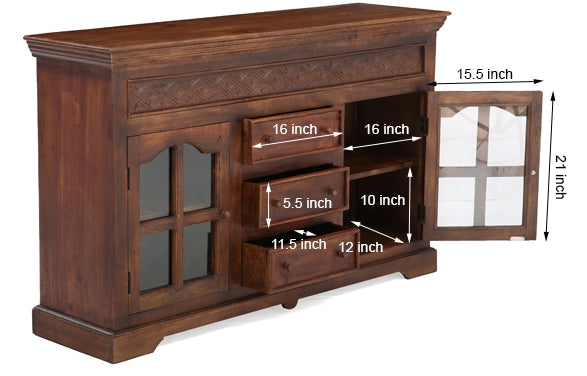 Reva Nest Solid Sheesham Wood Sideboard with Glass Cabinets & Drawers by Induscraft - Induscraft