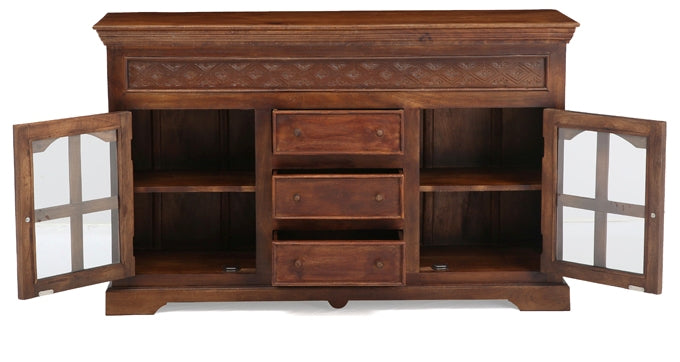 Reva Nest Solid Sheesham Wood Sideboard with Glass Cabinets & Drawers by Induscraft - Induscraft