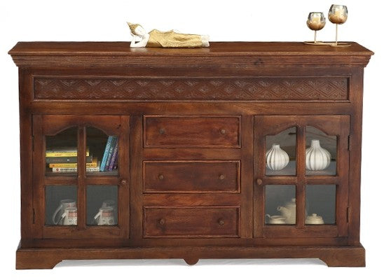 Reva Nest Solid Sheesham Wood Sideboard with Glass Cabinets & Drawers by Induscraft - Induscraft
