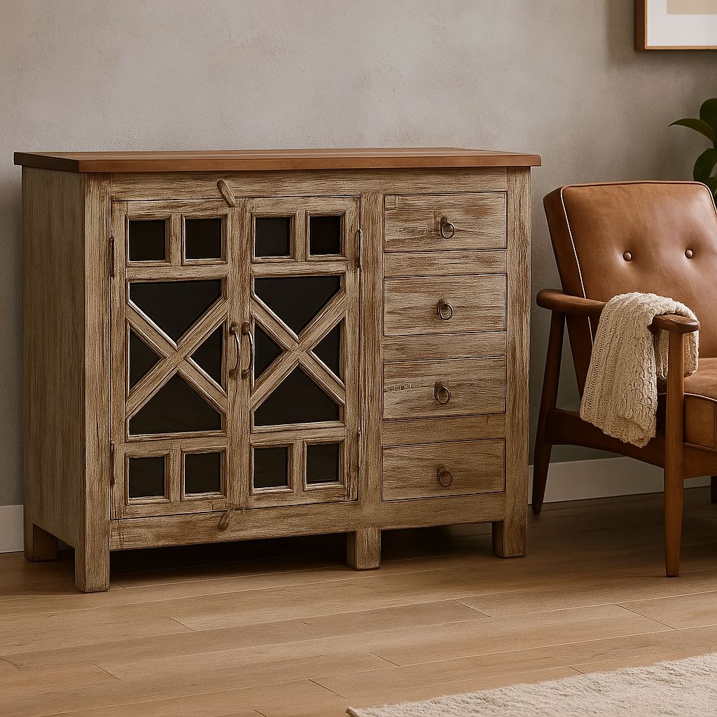 Rustic Charm Cabinet in Solid Teak wood Glass Doors Drawer Storage by INDUSCRAFT
