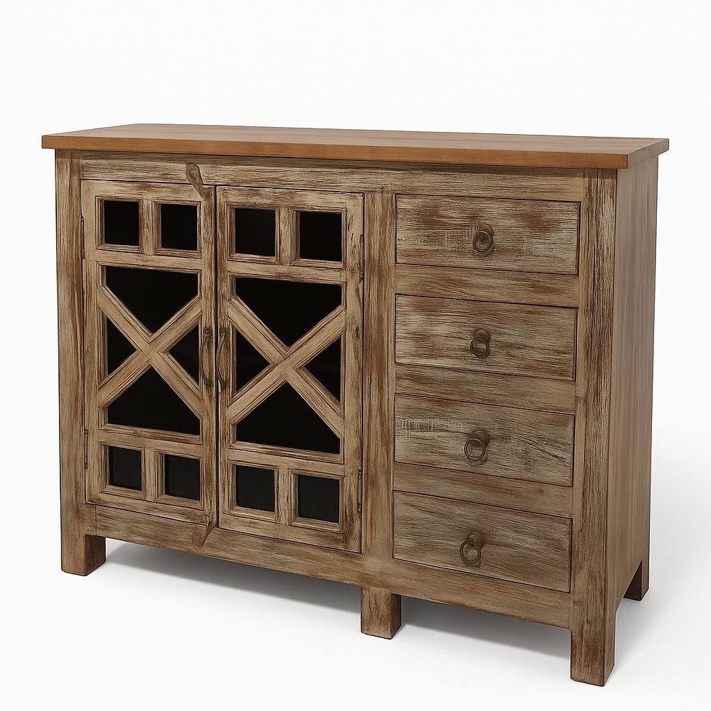 Rustic Charm Cabinet in Solid Teak wood Glass Doors Drawer Storage by INDUSCRAFT