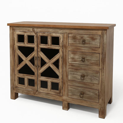 Rustic Charm Cabinet in Solid Teak wood Glass Doors Drawer Storage by INDUSCRAFT
